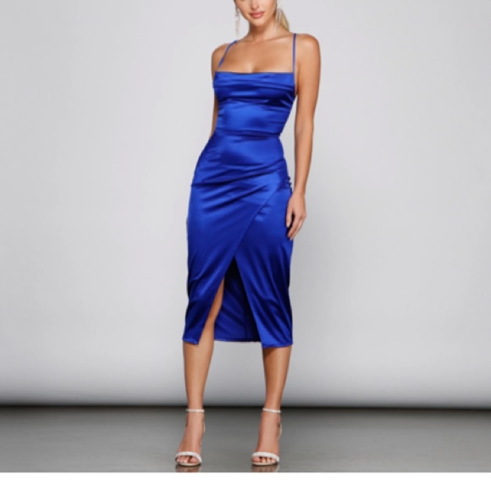 FORMAL SATIN ASYMMETRICAL MIDI DRESS